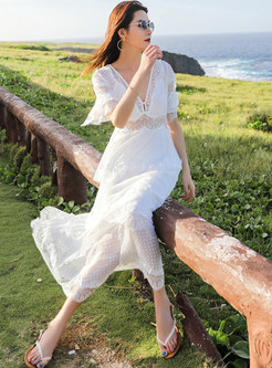 V-Neck White Lace Maxi Beach Dresses