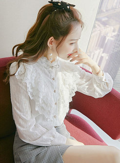 Fresh Long Sleeve Standard Collar Lace Blouse Tops