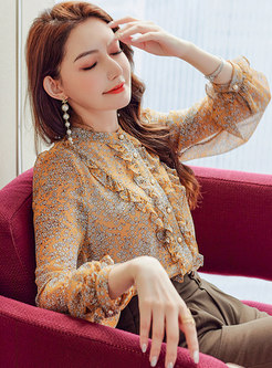 Standard Collar Long Sleeve Floral Blouse Tops