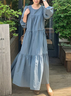 Women Puff Sleeve A-Line Casual Long Maxi Dress