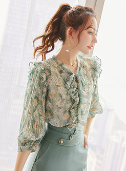 Women's Long Sleeve Floral Chiffon Shirt Blouse