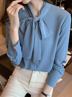 Women's Bow Tie Neck Elegant Top Blouse Shirt