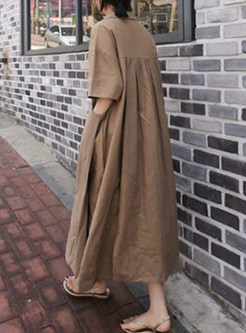 Turn-Down Collar Loose Cotton Maxi Dress with Pockets