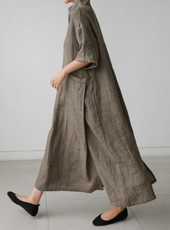 Turn-Down Collar Loose Cotton Maxi Dress with Pockets