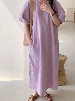 Puff Sleeve Casual Cotton Long Dresses