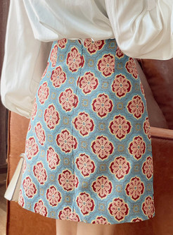 Women's Print High Waist Zipper Mini Skirt