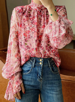 Womens Long Sleeve Floral Chiffon Blouses Tops