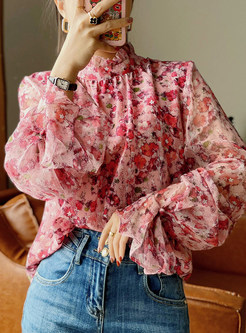 Womens Long Sleeve Floral Chiffon Blouses Tops