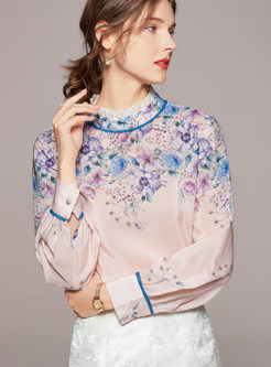 Women's Elegant Printed Stand Collar Long Sleeve Blouse