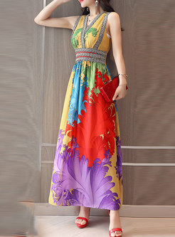 V-Neck Sleeveless Colorful Summer Maxi Dress
