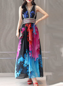 V-Neck Sleeveless Colorful Summer Maxi Dress