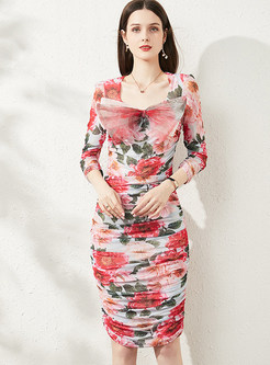 Sweet Square Neck Floral Print Pencil Dress whit Bow