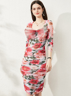 Sweet Square Neck Floral Print Pencil Dress whit Bow