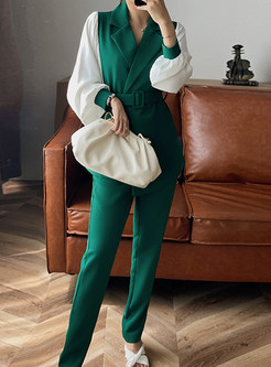 Women's 2 Piece Outfit Color Blocked Blazer and Pencil Pant Suits Set