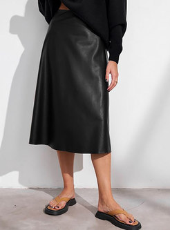 Women's Basic PU Mid Skirt