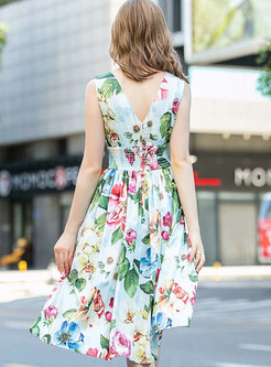 V-Neck Sleeveless High Waisted Floral Print Summer Dresses