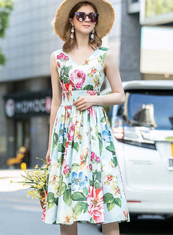 V-Neck Sleeveless High Waisted Floral Print Summer Dresses
