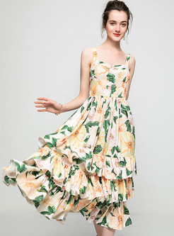 Sleeveless Floral Print Big Hem Layered Dress