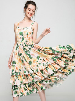 Sleeveless Floral Print Big Hem Layered Dress