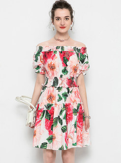 Sweet Off-the-Shoulder Floral Print Empire Waist Short Dress