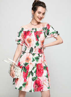 Sweet Off-the-Shoulder Floral Print Empire Waist Short Dress