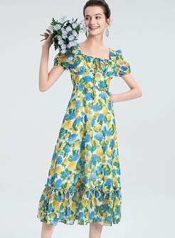 Square Neck Floral A Line Midi Dress