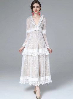 Sweet Deep V Neck Lace White Maxi Dresses