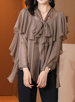 Thin Transparent Ruffle Bow Tie Neck Blouse