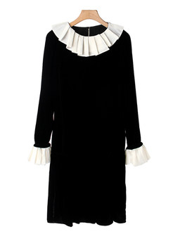 Flare Sleeve Patchwork Velvet Black Dress
