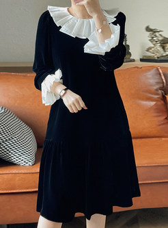 Flare Sleeve Patchwork Velvet Black Dress