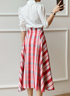 Half Sleeve Slim Blouses & Plaid A-Line Skirts
