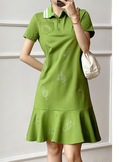 Turn-Down Collar Casual Embroidered Tee Dresses