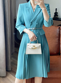 Elegant Double-breasted Pleated Blazer Dresses with Belt