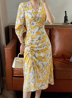 V-Neck Side Drawcord Floral Print Midi Dress