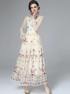Vintage Floral Embroidery Mesh Maxi Dress