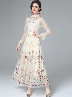 Vintage Floral Embroidery Mesh Maxi Dress