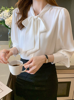 Women's Elegant Bow Tie Neck Long Sleeve Work Blouse