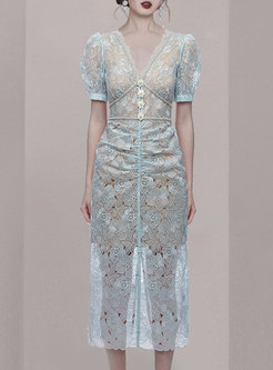 Elegant V-neck Short Sleeve Lace Midi Dress