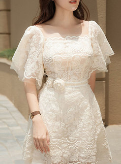 Summer Square Neck Ruffle Sleeve Lace Skater Dress