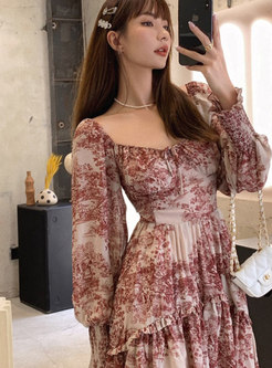 Square Neck Puff Sleeve Printed Skater Dress