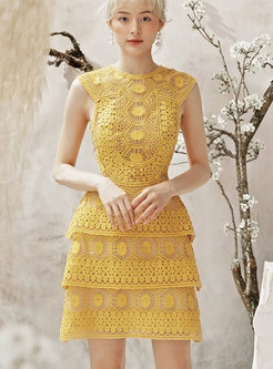 Summer Elegant Sleeveless Lace Yellow Dress