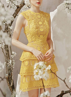 Summer Elegant Sleeveless Lace Yellow Dress
