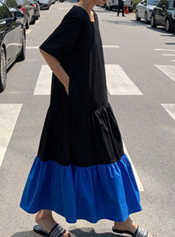 Color Block Short Sleeve Big Hem Maxi Dress
