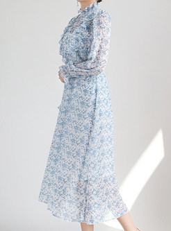 Mock Neck Long Sleeve Floral Print Ruffle Midi Dress