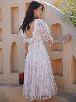 Sexy Lace Embroidered Backless White Dress