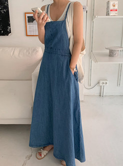 Denim Strap Maxi Dress with Pockets