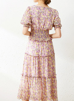 Summer Short Sleeve Shirred Waist Top & A-Line Swing Midi Skirts