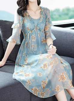 V-Neck Silk Floral Dress