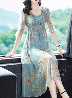 V-Neck Silk Floral Dress