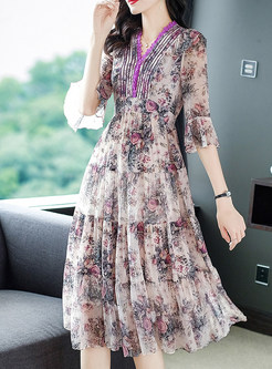 V-Neck Half Sleeve Silk Floral Summer Dresses